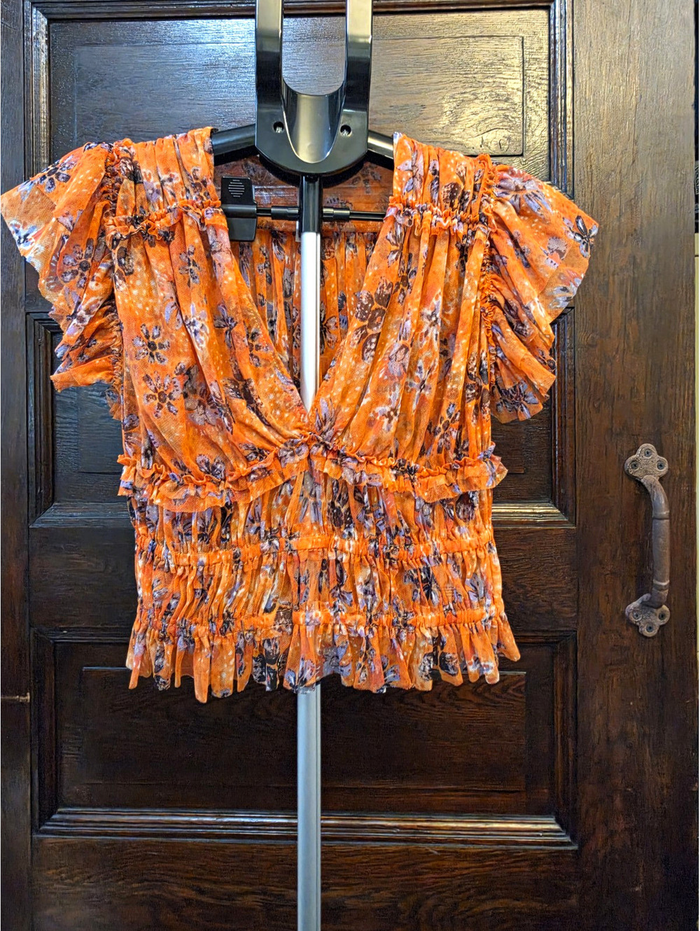 Free People Orange Floral Mesh Sheer V-Neck Ruffle Blouse XS
